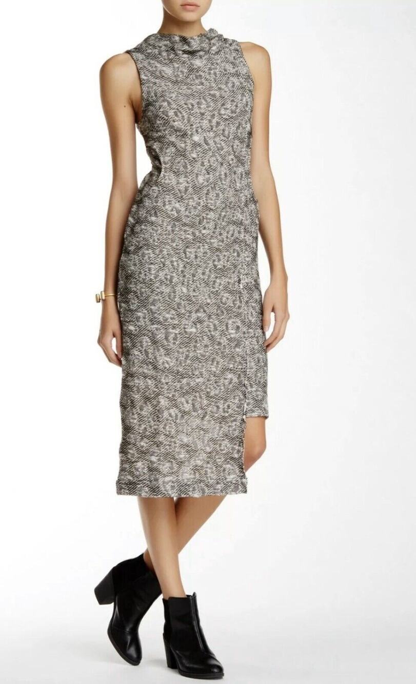 Free People Cora Jacquard Cotton Knit Midi Ivory Black Asymmetric Sheath Dress